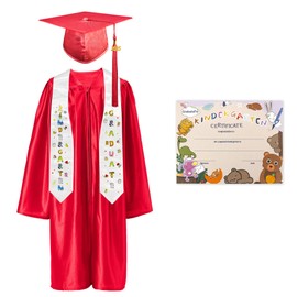 GraduatePro Kindergarten Graduation Cap and Gown Package Class of 2025 for Kids with Stole Certificate as Party Gift Red 36