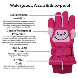 N'Ice Caps Kids Waterproof Snow Cute Animals Gloves Winter Warm Thinsulate (Monkey Pink, 3-4 Years)