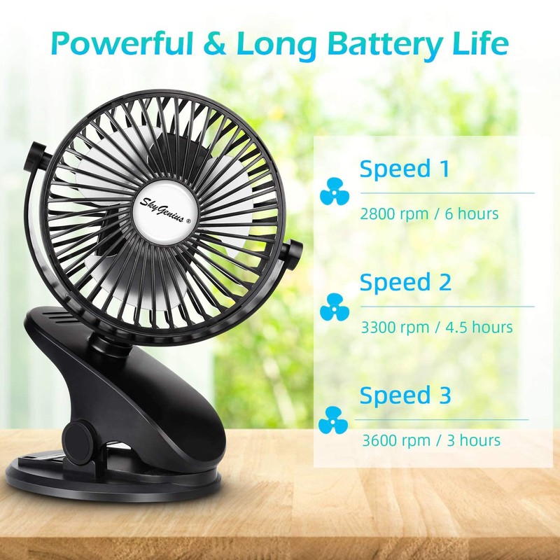 SkyGenius Battery Operated Stroller Fan, Rechargeable USB Powered Mini Clip