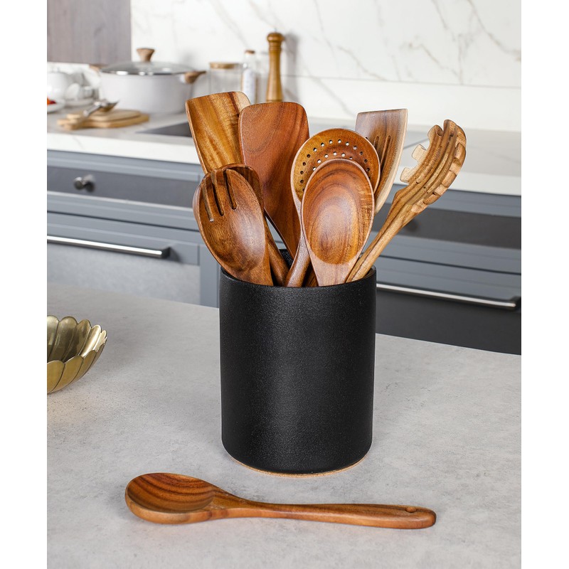 Nucookery Wooden Cooking Utensils Set with Holder, Teak Wood Utensils,