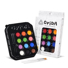 Grida Kids Friendly Helloween Face Paint - Professional Party Face Painting Kit for Kids with 12 Vibrant Colors with Double White - Easy to Remove, Vegan, Cruelty-Free Set with Palette & Art Brushes