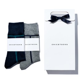 CHICSTOCKS - 2 Pairs Gift Pack Set with Tote Bag - Socks for Men and Women, Present, Made in Japan, LINE Heather Gray x Navy/Navy x Blue Green