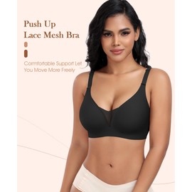 Bras for Women Mesh V Neck No Underwire Wireless Everyday Bra with Comfort Lift Push Up Seamless Bralettes for Women with Bra Extender(Black,X-Large)