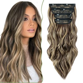 SEGO 4PCS Clip in Hair Extensions 22 Inch Long Soft Glam Waves Thick Hairpieces Synthetic Fiber Hair For Women Full Head, Light Brown & Ash Blonde