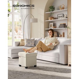 SONGMICS Storage Ottoman, Small Ottoman Foot Rest with Legs, 15 x 15 x 15.7 Inches Foot Stool, Ottoman with Storage, Load up to 660 lb, for Living Room, Bedroom, Dorm, Cream White ULSF014W01