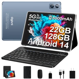 Dghrti Android Tablet, 22G+128G/1TB Expansion, 10 inch Android 14 Tablets with 8000 mAh Battery, Octa-Core, GPS, Split-Screen, Face Unlock, 2 in 1 Tablet with Keyboard, Mouse, Case, Gray