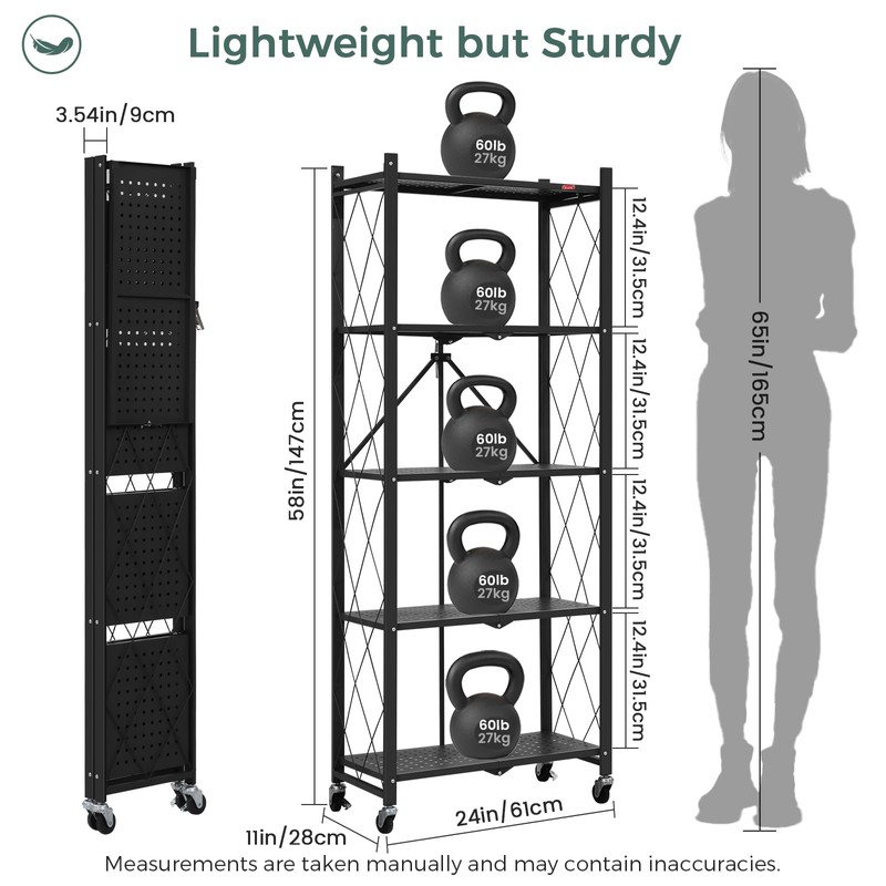 DEANIC 5-Shelf Folding Bookcase with Wheels, Rolling Bookshelf Heavy Duty