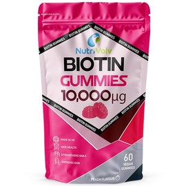 Biotin Gummies 10,000mcg | 60 Vegan Gummies | 60 Day Supply | for Hair Growth & Skin & Nails Health | Natural Peach Flavour | Vitamin B7 Gummies | Gelatine Free | Sugar Free | Non-GMO | by NutriVolv