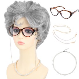 PUREHAIR Gray Old Lady Costume Wig for Women with Glasses Chain Necklace - Short Curly Grey Grandma Wigs for Older Women Granny Outfit - Perfect for 100th Day of School Costume and Parties (Grey)