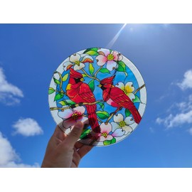 AUFURI Large Size Cardinal Suncatcher - 8.6 inch Stained Glass Window Hanging - Pairs of Red Cardinal Birds - Cardinal Gifts for Women, Hand Painted Glass Cardinal for Birds Lover, Window (8.6inch)