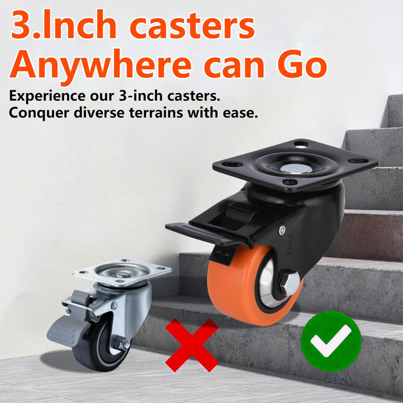 Heavy Duty Industrial Brake Caster,Load Capacity 3000lbs, No Noise Polyurethane