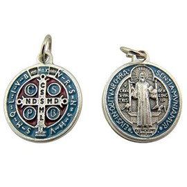 Red Blue Enamel Saint Benedict of Nursia Evil Protection Medal, 1 Inch