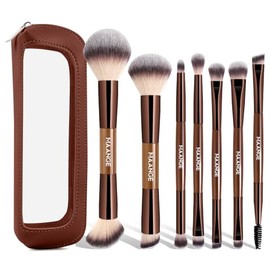 MAANGE Set de Brochas de Maquillaje 7 en 14 Brochas de Maquillaje de Doble Punta Kits de Maquillaje para Base Líquida, Polvo, Contorno, Corrector, Sombras de Ojos y Difuminar(Café)