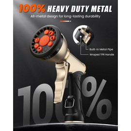 RAINPOINT Garden Hose Nozzle, Hose Sprayer Nozzle with 9 Spray Patterns, High Pressure Water Hose Nozzle Heavy Duty Metal Hand Sprayer, Watering Plants and Lawn,Orange