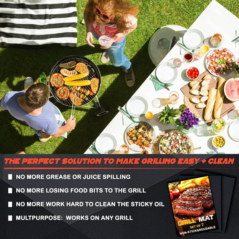 BBQ Grill Mat Set of 6+1, Reusable Non-Stick BBQ Mat,