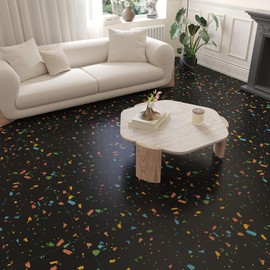 VEELIKE 24 Pack Terrazzo Peel and Stick Floor Tile Black Vinyl Floor Tiles Peel and Stick Waterproof Black Vinyl Flooring for Bathroom Kitchen RV 12''x12'' Self Adhesive Renter Friendly Floor Tile