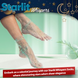 AVIAN LEGS Magic Mint Frost: Women Sheer Slouch Tulle Socks | Shiny Glitter Novelty Decorated Loose Socks with Stars & Moon - Ankle High 1 Pair (US sizes 5-8)