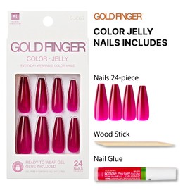 GoldFinger False Nails Kit, Jelly Color Ready to Wear Berry Fake Nails, Manicure Stick and Glue Included, X-Long Length, Coffin Shape, Long-Lasting Hottest Trend Glue on Nails
