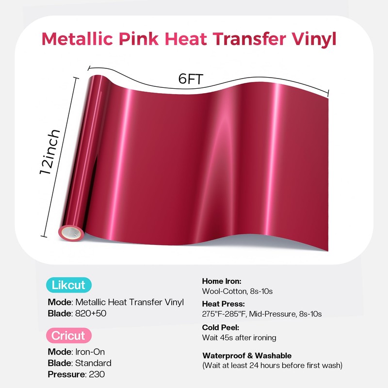 Likcut Metallic Pink Heat Transfer Vinyl HTV, 12" x 6ft