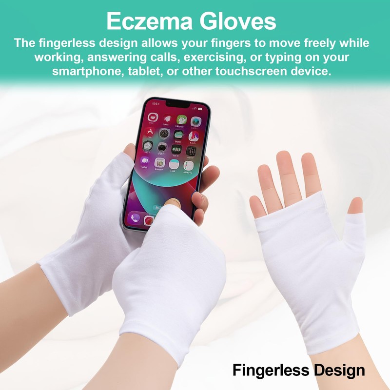6 Pairs Fingerless Eczema Gloves, Soft White Cotton Gloves for