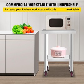 Happybuy Stainless Steel Work Table, 24 x 18 x 34 Inch, 700 lbs Capacity, Heavy-Duty Food Prep Table with 4 Wheels, Adjustable Height for Commercial Kitchen, Silver