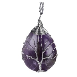 Natural Gemstone Green Jade Tree of Life Pendant Necklace, Metal, Amethyst, jade