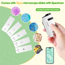 Pocket Microscope for Kids and Adults - 135x Mini Microscope, Portable Handheld MiniMicroscope with 5 Microscope Slides, Perfect for Microbiological Observation, Preschool Learning Gifts