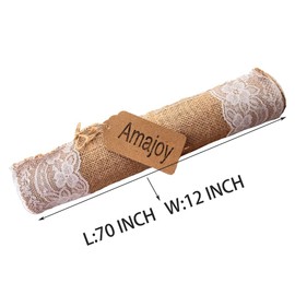 AmaJOY1pc 12x70 Inch (30cmx 180cm) Jute Burlap and White Lace Table Runner Interior Decoration Fabrics Country Rustic Wedding Decor Bridal Shower Party Decor (1)
