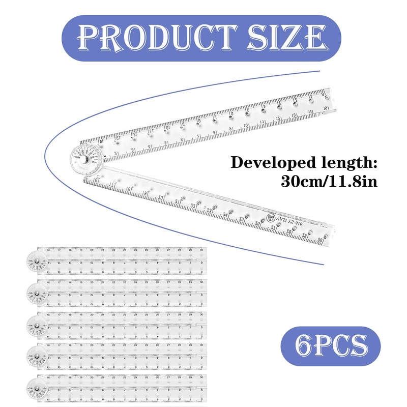 6Pack Ruler 30cm Folding, Clear Foldable Ruler, Geometric Measuring Tool