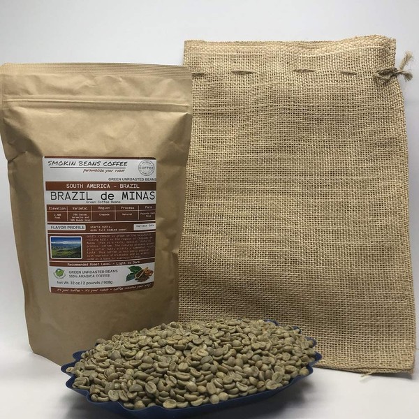 2 Pounds – South American – Brazilian – Unroasted Arabica Green Coffee Beans – Grown In Region Chapada – Altitude 2400 Feet – Catuai, Vermelho – Drying/Milling Process Is Natural - Includes Burlap Bag