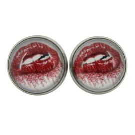 Summerfield Collection Stainless Steel Lip Bite Print Glass Stud Earrings 12mm White Red Lipstick