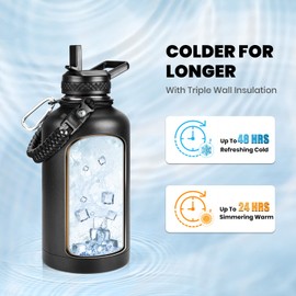 RAYMYLO Insulated Water Bottle 64 oz, Triple Wall Vacuum Stainless Steel (Cold for 48 Hrs), Leak Proof & Non-BPA, Half Gallon Water Flask Jug with Paracord Handle & Straw Spout Lids, Magic Black