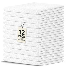 Crystal Ridge Cotton Wash Cloths 12 Pack - Washcloths for Showering, Face and Body, Soft and Highly Absorbent Multipurpose Towels for Bathroom, Kitchen, Spa and Gym - Wash Rags 12 x12 (White)