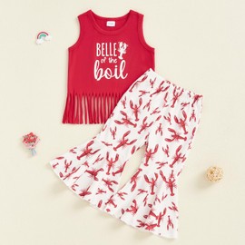 Geagodelia Crawfish Boil Baby Girl Clothes For 1-5 Years Sleeveless Tassel Tank Top Lobster Flare Pants Set Summer Bell Bottom Outfits (Red, 12-18 Months)