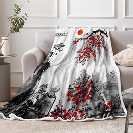 Mantas japonesas de flor de cerezo, mantas de franela japonesas asiáticas para sofá y cama, mantas de sol rojo súper suaves y cálidas, manta de felpa acogedora de 50 x 70 pulgadas