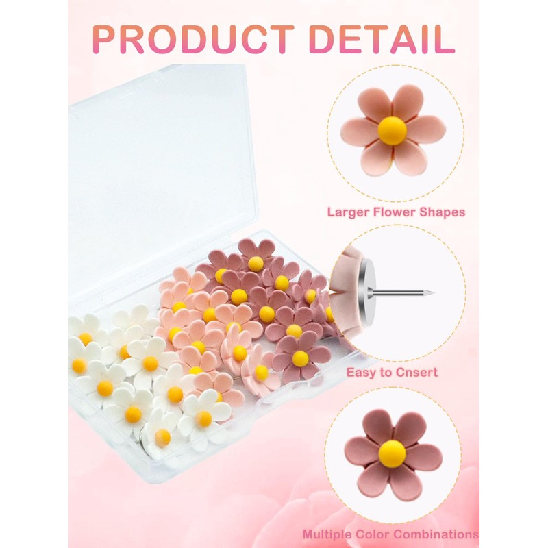 Pink Flower Push Pins，30 Pcs
