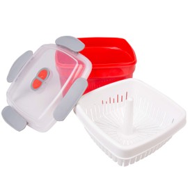 3 vapores de utensilios de cocina para microondas (paquete de 2) – Recipiente de alimentos reutilizable, colador extraíble y tapa de ventilación de vapor de bloqueo, sin BPA, apto para nevera y