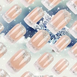 White French Tips Press On Nails Medium Square Glossy Silver Glitter Acrylic False Sparkly Full Cover Fake Gel Glue On for Manicure Stick On for Coquette Women Girls 24Pcs