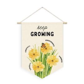 XYDEG Plant Flower Classroom Decor, Keep Growing Motivational Linen Canvas Banner, Growth Mindset Positive Affirmations Wall Hanging Pennant Banner for Classroom Door Playroom Homeschool Decor, 15x11