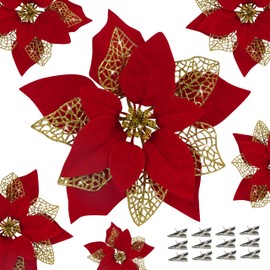 12 PCS Poinsettia Flower Artificial Poinsettia Christmas Decoration 8.7'' Red Glitter Poinsettias Christmas Ornaments Christmas Tree Flower Decor with Clips DIY Xmas Wreath Holiday Home Party Decor