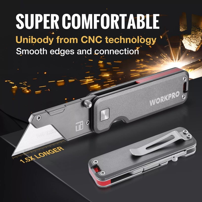WORKPRO Premium Titanium Utility Knife, CNC Unibody Black/Gray w/10 Extra