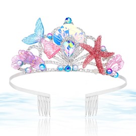 CURASA Mermaid Crown for Women Girls Pink Mermaid Tiara for Little Girls Mermaid Princess Headband Seashell Birthday Decoration Rhinestone Hairband Mermaid Hair Accessories for Party Gifts