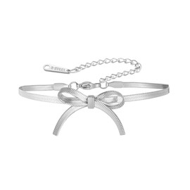 kkjoy Elegant Bow Bracelet Stainless Steel Ribbon Bow Tie Snake Chain Bracelet Trendy Prom Bowknot Jewelry for Women Charming Ladies (Silver)