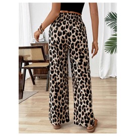 Floerns Women's Leopard Print Straight Leg Pants Loose Drawstring Waist Trousers Beige Large