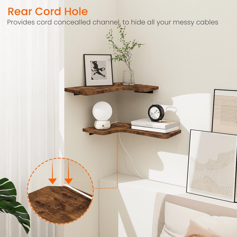 Homode Corner Floating Shelves, Corner Shelves Wall Mounted with Cord