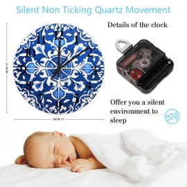 15" Silent Non-Ticking Wall Clocks Battery Operated Blue And White Porcelain Floral Wall Decor for Kids Room Russian Folk Cultural Accent Vintage Round Wooden Wall Clock Vintage for Daycare Restaurant