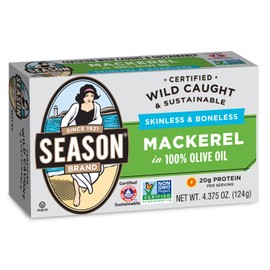 Season Mackerel in Olive Oil – Skinless & Boneless, Wild Caught, Keto Snacks, Canned Mackerel Fillets, Full of Vitamins, Low in Mercury, Kosher, Non-GMO, 20g of Protein – 4.37 Oz, 12-Pack