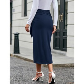 UEOIOW - Falda de lápiz fruncida para mujer, cintura alta, con lazo frontal, asimétrica, larga falda ajustada con abertura, Azul marino, S