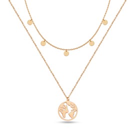GD GOOD.designs EST. 2015 ® Women's Multilayer World Map Necklace with 5 Coin Chain (Adjustable) Double Row Necklace with Round Plate and Globe Pendant, Gold Plated, rosé