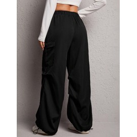 WDIRARA Women's Cargo Pants Flap Pockets Baggy Side Drawstring Adjustable Elastic High Waisted Y2k Street Cargo Pants Petite L Black